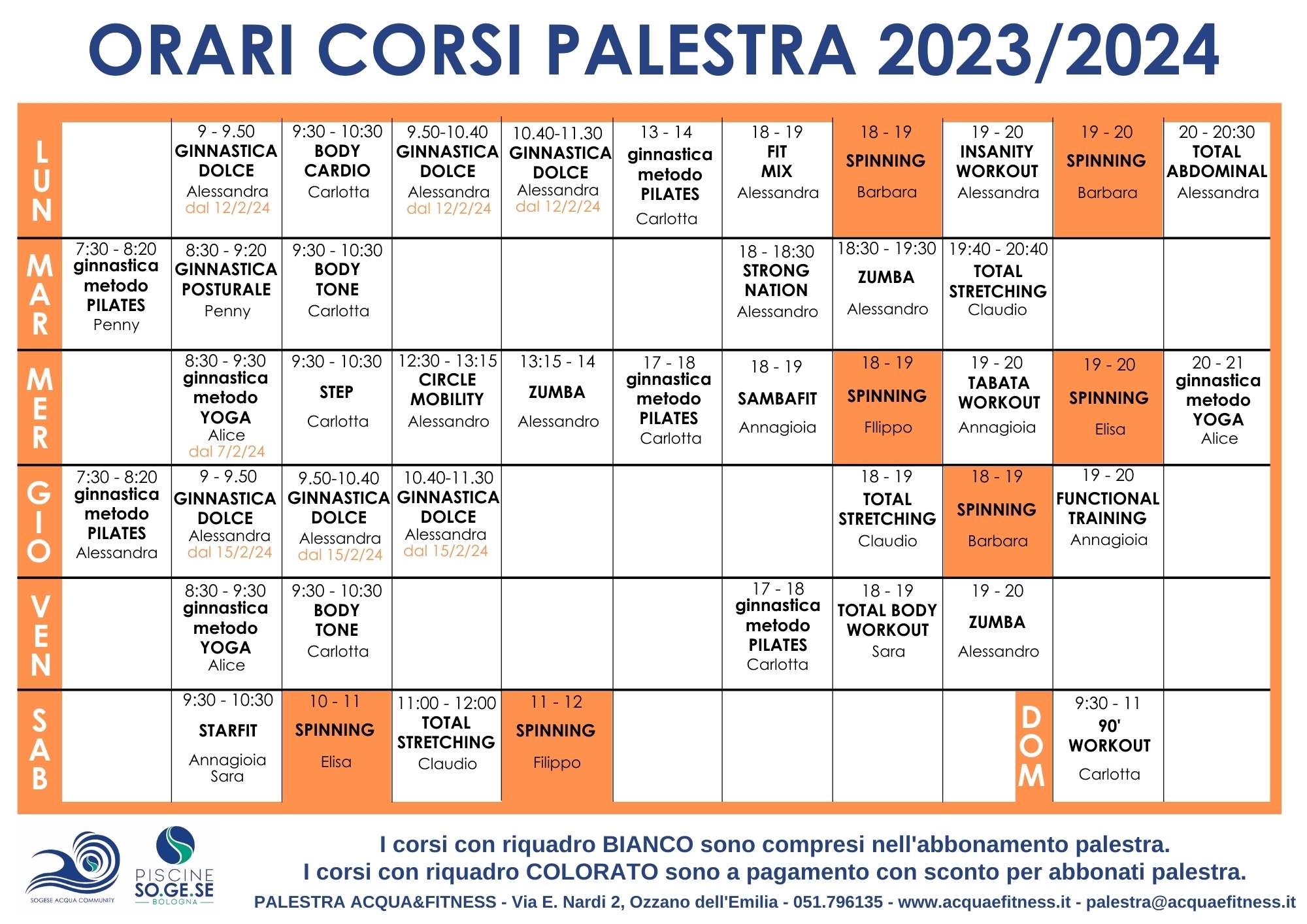 Orari corsi palestra Ozzano da gennaio 2024